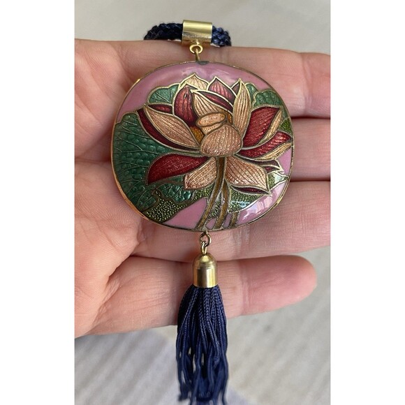 Vintage Cloisonné Pendant Necklace 1.75" w/ Tassel on 30" Navy Cord Boho - Picture 2 of 8